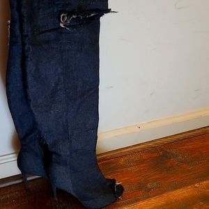 Thigh-high denim stilleto open toe heels